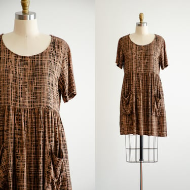 loose mini dress 90s vintage black brown patterned oversized dress with pockets 