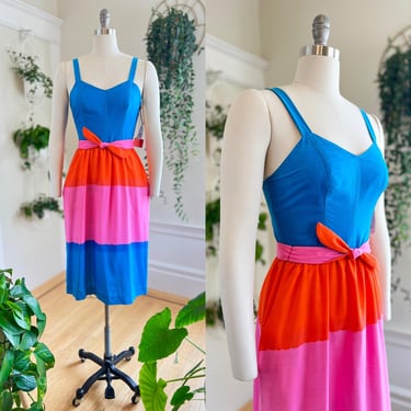 Vintage 1970s Sundress | 70s Deadstock LANZ Color Block Button Back Fit and Flare Blue Orange Pink Sweetheart Neckline Day Dress (small) 