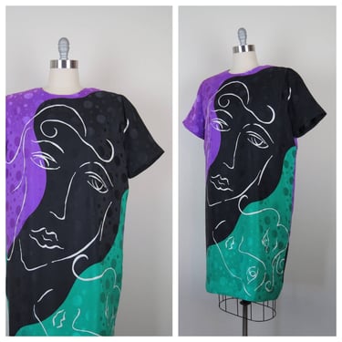 Vintage 1980s silk dress sack figural lady face modernist new wave surrealism XL 