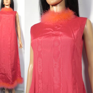 Vintage 50s/60s Hot Pink Moire Taffeta Maxi Dress With Marabou Trim Size M/L 