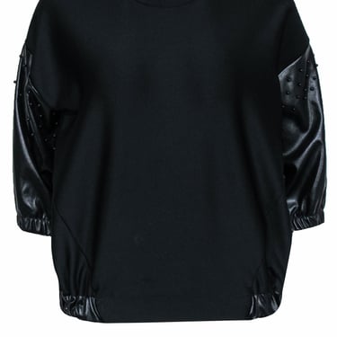 Joie - Black T-Shirt w/ Leather Sleeves &amp; Beaded Details Sz S