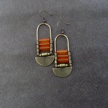 Orange sea glass earrings, chandelier earrings, statement earrings, bold earrings, etched metal earrings, tribal ethnic earrings, chic 