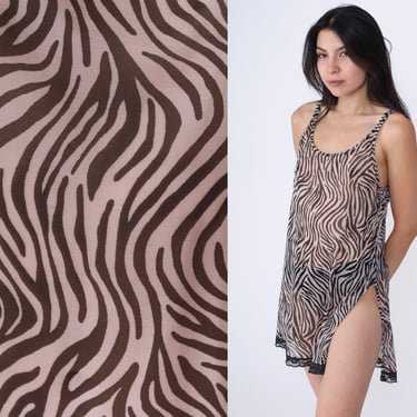 Victoria's Secret Slip Dress Sheer Tiger Stripe Animal Print Nightgown Y2K High Slit Mini Lingerie Slip Vintage Black White 00s Medium 