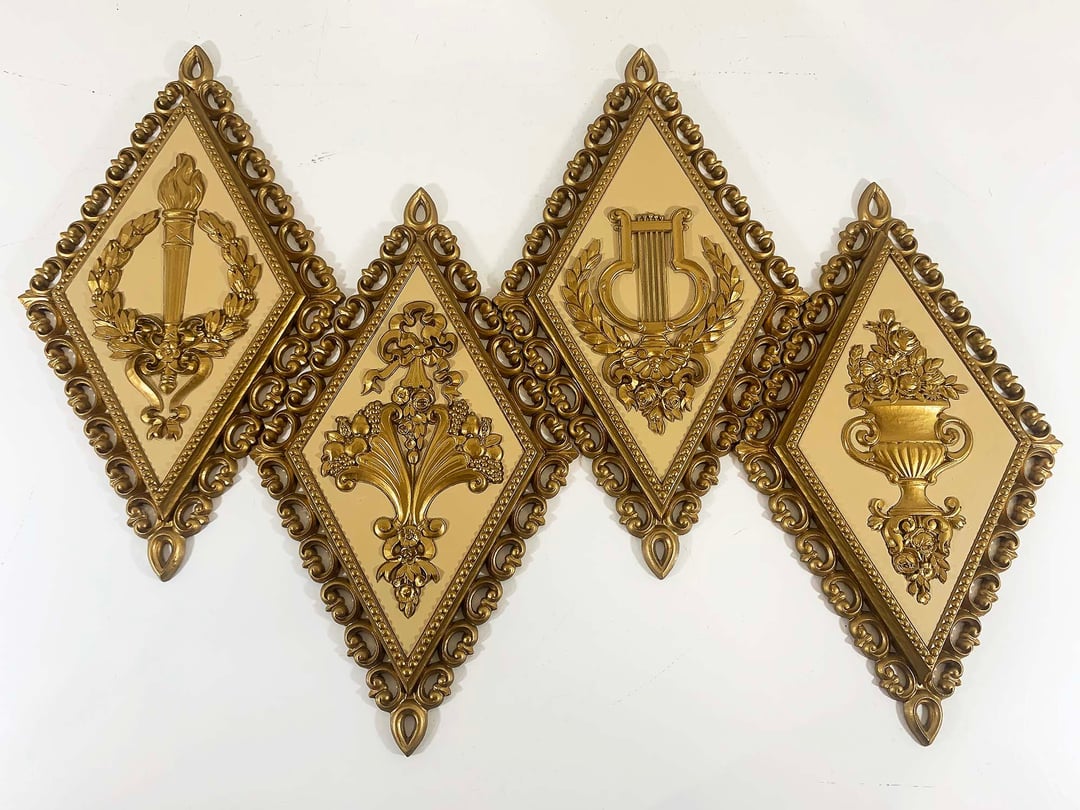 Vintage Homco Gold Wall Decor Diamond Floral Mid Century Kitsch Check