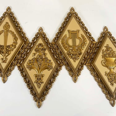Vintage Homco Gold Wall Decor Diamond Floral Mid Century Kitsch Hanging Hollywood Regency Rococo Set of 4 1971 1970s 