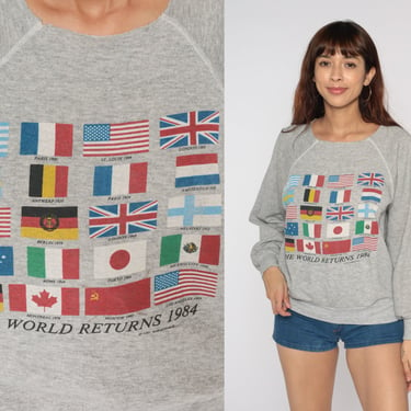 80s World Flag Sweatshirt Los Angeles 1984 Competitive Sports Shirt Heather Grey Cutoff Pullover 1980s Graphic California Vintage Medium 