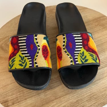 USA Made Embroidered Indie Boho Bright Colorful Slide Sandals - Size 5.5-6 