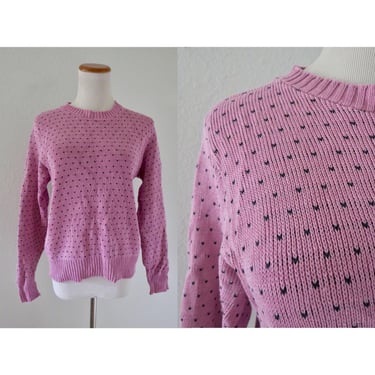 Vintage Pink Knit Sweater - Chunky Thick Heart Pattern Pullover - Cotton Crew Neck - Warm Cozy Outerwear - Size Large - Lands End 