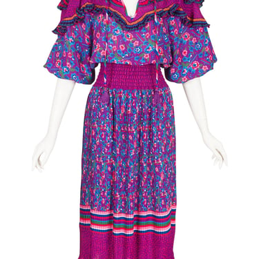 Diane Freis 1980s Vintage Floral Mixed Print Ruffle Collar Dress 