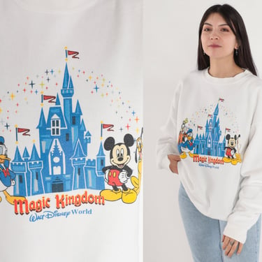 90s Disney World Sweatshirt Walt Disney Sweater Vintage Disneyland Magic Kingdom Graphic Shirt Mickey Mouse Goofy Donald Duck White 1990s XL 