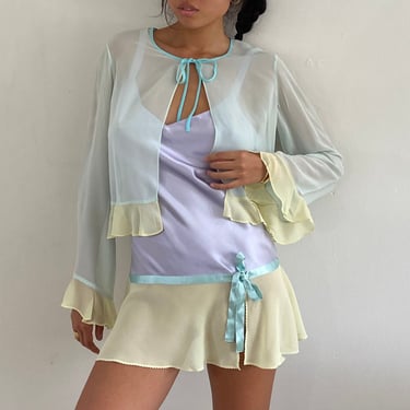 90s sheer silk chiffon blouse / vintage pastel silk chiffon color block ruffled bell sleeve open front sheer blouse bed jacket | Medium 