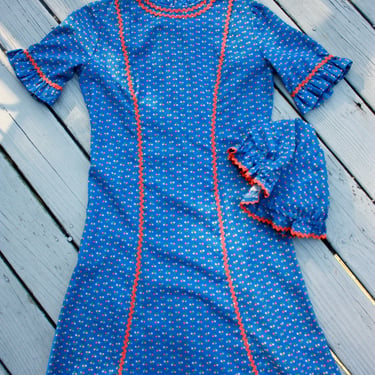 70s Blue Mod Cottagecore Maxi Dress with Ric Rac Trim and Bonnet Size S / M 