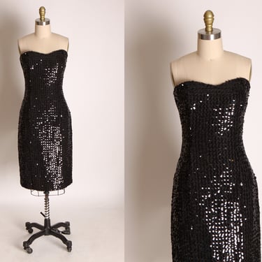 Late 1970s Early 1980s Black Sequin Strapless Formal Prom Pageant Cocktail Dress by Positively Ellyn -L 