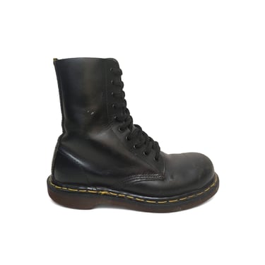 Vintage Dr. Martens Combat Boots Black Leather Steel Toe 10 Eye Made in England 