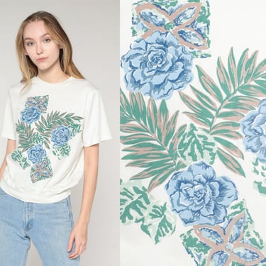 Flower Shirt 90s White Floral T-Shirt Rose Leaf Print Top Short Sleeve Blouse Retro Banded Hem Graphic Tee Blue Green Vintage 1990s Medium M 