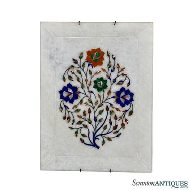 Vintage Traditional Persian White Marble Floral Stone Inlay Hanging Serving Tray