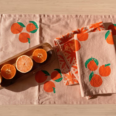 hand block printed table runner. tangerines on pink. boho decor. beach house. coastal. tablecloth. fruit. orange. clementine. ojai pixie 