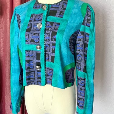 Artsy Cropped Top, Abstract Print, Blue Purple Teal, Metal Buttons, Vintage 80s 90s 