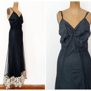 Vintage 1930’s ‘40s black net gown | floor length formal Spanish dress with embroidered hem & net underskirt, XS/S tall 