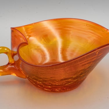 Orange Crackle Glass Tricorn Nappy | Antique Krackle Glassware | Vintage Heart-shaped Handled Bowl 