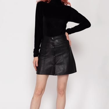 XXS-XS 90s Black Snap Up Leather Mini Skirt | Vintage High Waisted A Line Miniskirt 