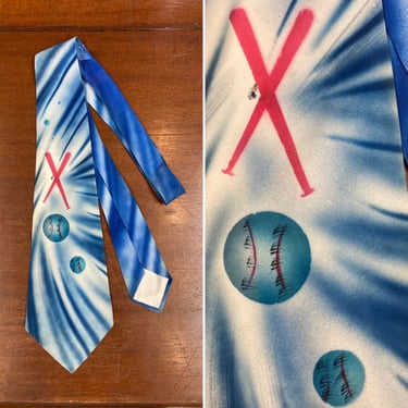 Vintage 1940’s Hand Painted Baseball Sports Neck Tie, Cravat, 1940’s Tie, Swing Tie, Art Deco, Vintage Shirt, 1940’s, Baseball, Bat, Sports 