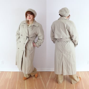 SIZE L / 10 12 Vintage 1980s Anne Klein Tan Trench Coat Classic Belted Double Breasted Khaki - Wool Liner Warm Winter Cozy 