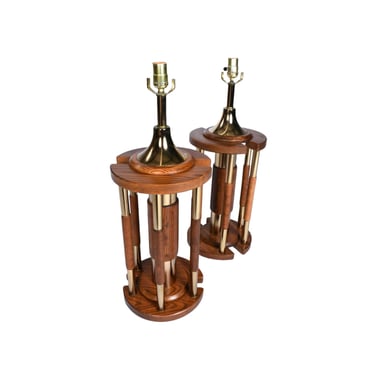 Vintage 1970s Gold Colored Brass and Oak Wood Large Table Lamps 