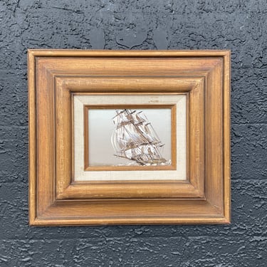 Midcentury Oil on Wood Ship Painting