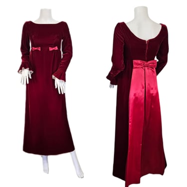 1960's Burgundy Rayon Velvet Brigerton Style Long Maxi Dress I Sz Sm I Gown 