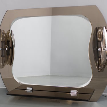 1980s Fontana Arte, Large Glass Wall Mirror with Lights and Shelf, Italy 