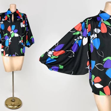 VINTAGE 70s Bold Print Balloon Sleeve Blouse by Morlove XL | 1970s Batwing Keyhole Neckline Swing Top vfg 