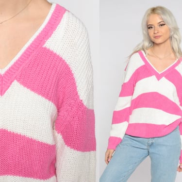 90s Striped Sweater Pink White Knit Sweater V Neck Pullover Jumper Slouchy Boho Retro Nerd Preppy Girly Spring Sweater Vintage 80s Small S 