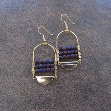 Lava rock chandelier earrings gold and purple 2 