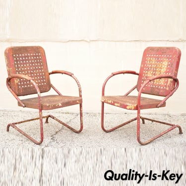 Antique Art Deco Basketweave Red Distress Paint Bouncer Garden Chairs - a Pair