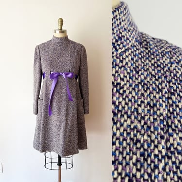 SIZE S/M 1960s Geoffrey Beene Purple Tweed Dress - Archive Twiggy Mini Dress - 60s Long Sleeve - Designer Warm Heavy Weight Winter Fall 