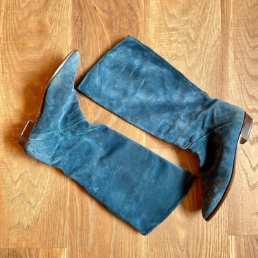 Vintage Blue Suede Slouchy Boots Made in Italy Festival Fashion 