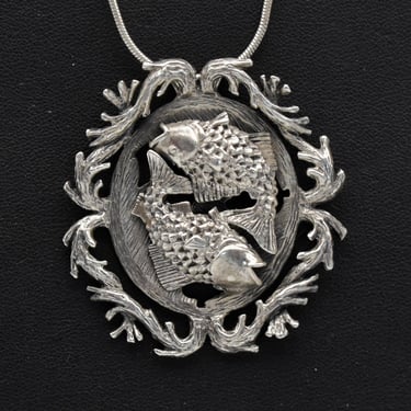 70's sterling Pisces dimensional pendant, big edgy 925 silver branch-framed zodiac fish necklace 