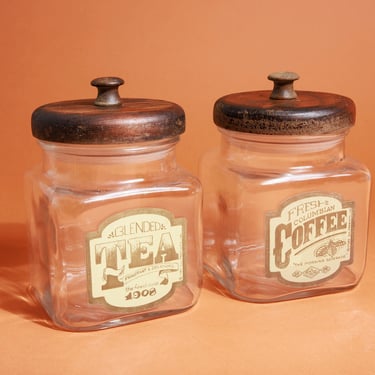 Set of 2 Glass Coffee Tea Jar Containers with Wood Lids 