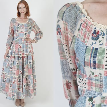 Old Fashioned Patchwork Butterfly Print Dress / Frontier Country Western Outfit / 70s Folk Style Americana Maxi Gown 