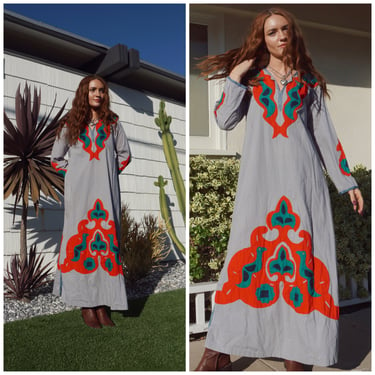 70s Pristine Boho Duster Kaftan Maxi Dress Vibrant hues S M L 