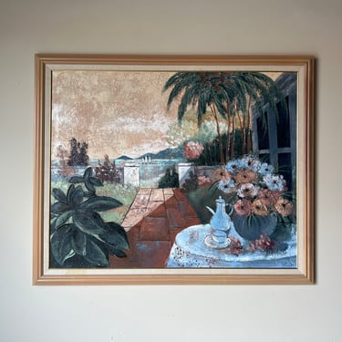 1980's Lee Reynolds Tropical - Coastal Garden Landscape Painting, Framed 