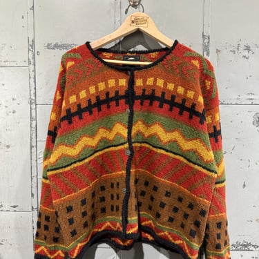 Vintage Llama Geometric Knit Sweater Orange Cardigan Cozy Multicolor Large Hand Knit 