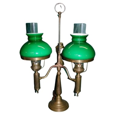 Antique Lamp, Brass Student Lamp W/ Two Emerald Shades, Lighting, 28.25 Ins.!