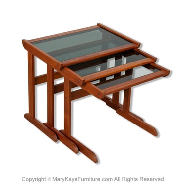 Danish Mid-Century Teak Glass Top Nesting Tables 