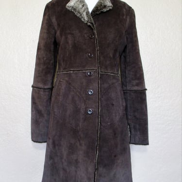 Vintage 1990s Express Brown Leather Faux Fur Lined Coat, Small Women, Sherpa Coat 