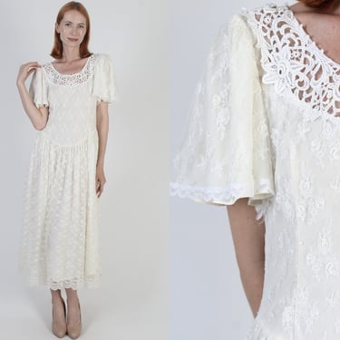 Scott McClintock Size 12 Wedding Dress, 80s Ivory Lace Drop Waist Sundress, Gatsby Style Deco Outfit, Victorian Inspired Maxi Gown 