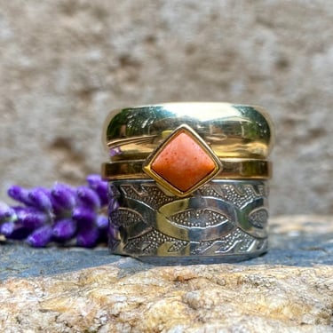 Repurposed Stackable Gold, Coral, and Sterling Silver Band 