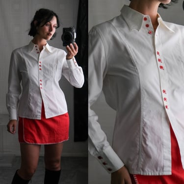 Vintage 90s ESCADA White Cotton Poplin Shirt w/ Red Buttons & Notched Collar | Made in Portugal | 100% Cotton | 1990s ESCADA Designer Blouse 