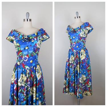 Vintage 1980s floral dress, cotton, fit and flare, off the shoulder, 50s does 80 